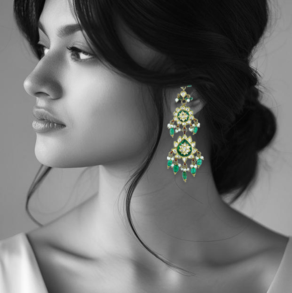 Long Earrings with Emerald, Pearls, Polki, and Floral Enamel